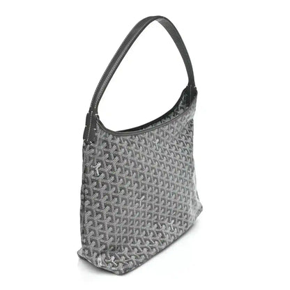 Grey coated canvas hobo bag with top handle and allover textured pattern