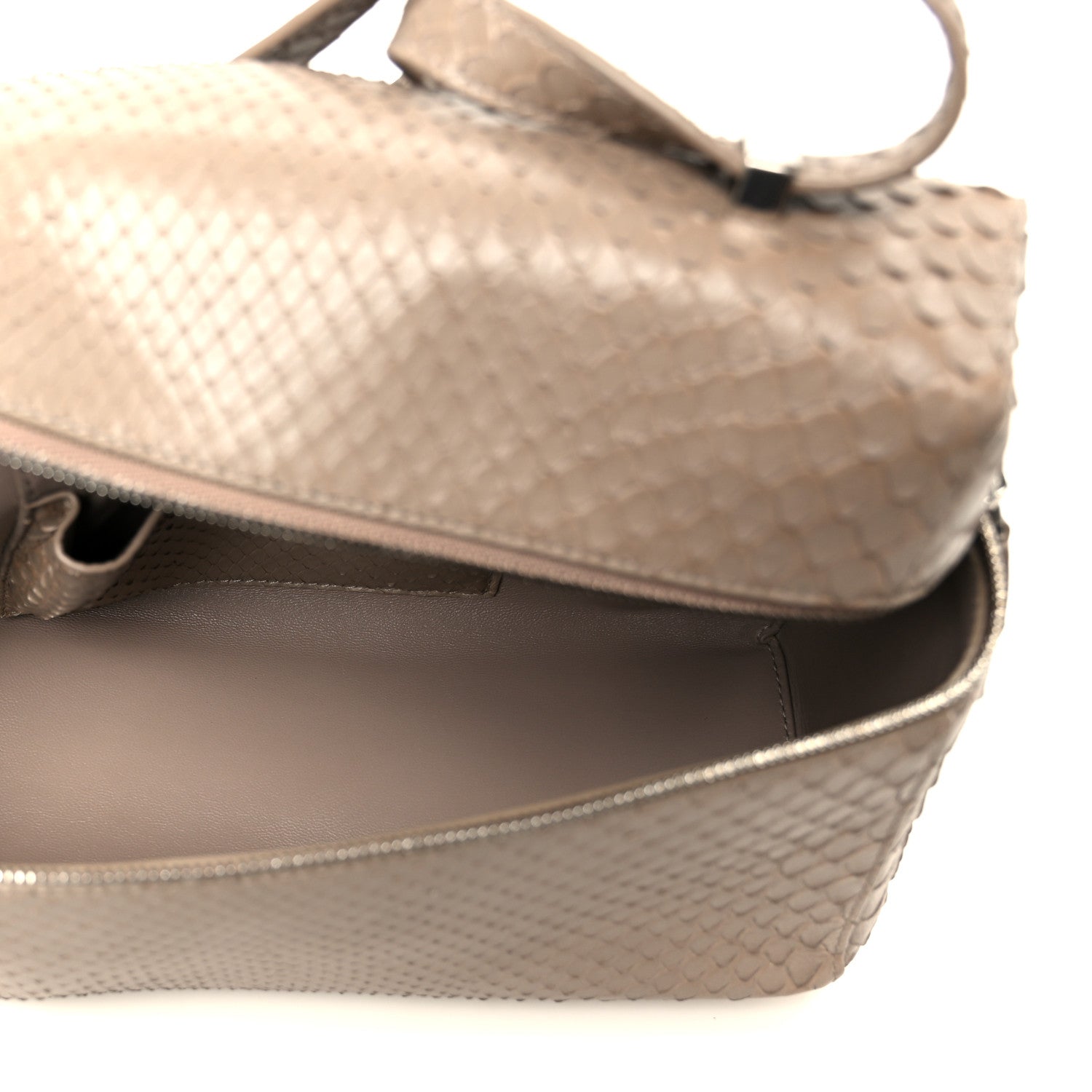 Matte snakeskin handbag interior view with visible inner pocket and smooth lining