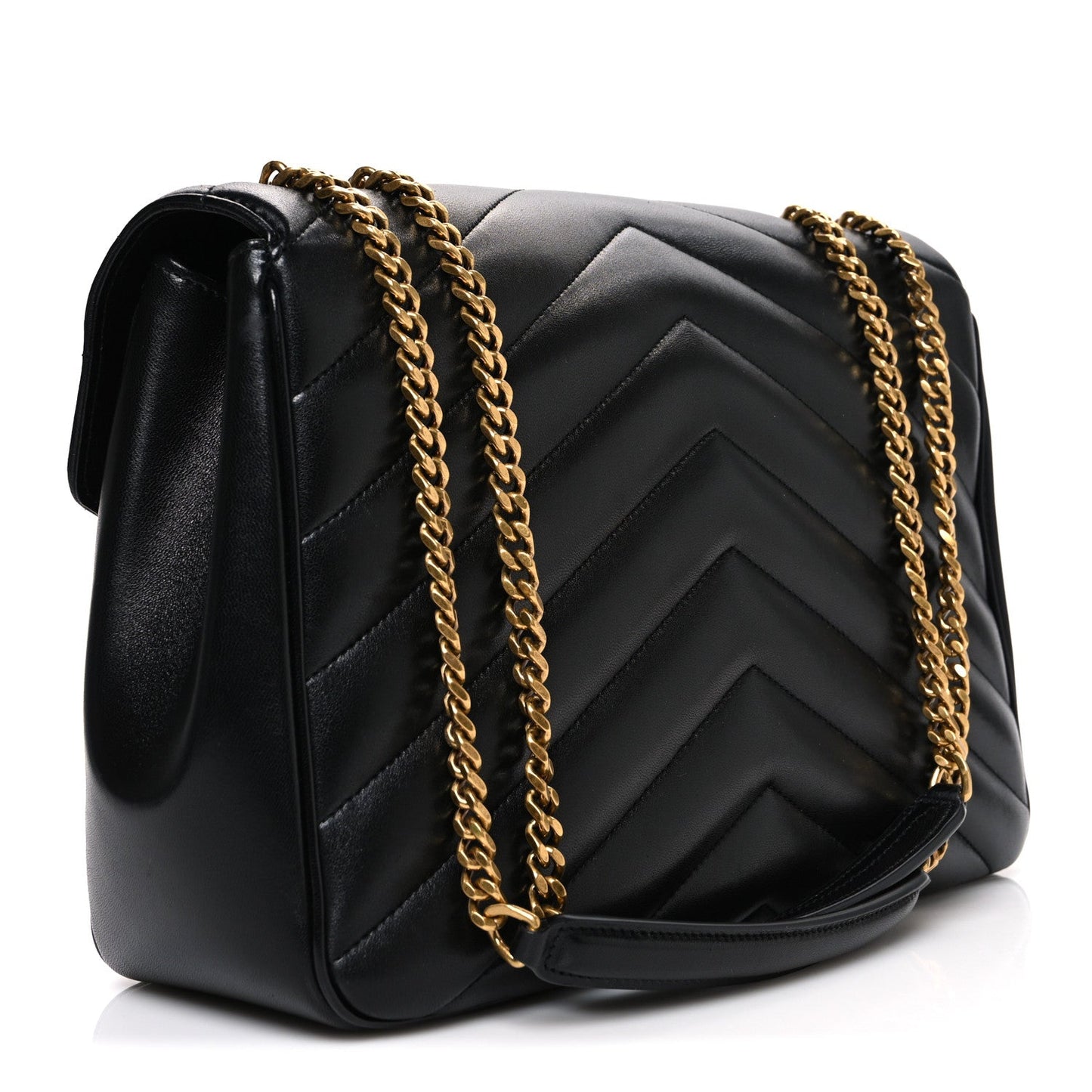 Black chevron-quilted leather shoulder bag with gold chain strap and front flap