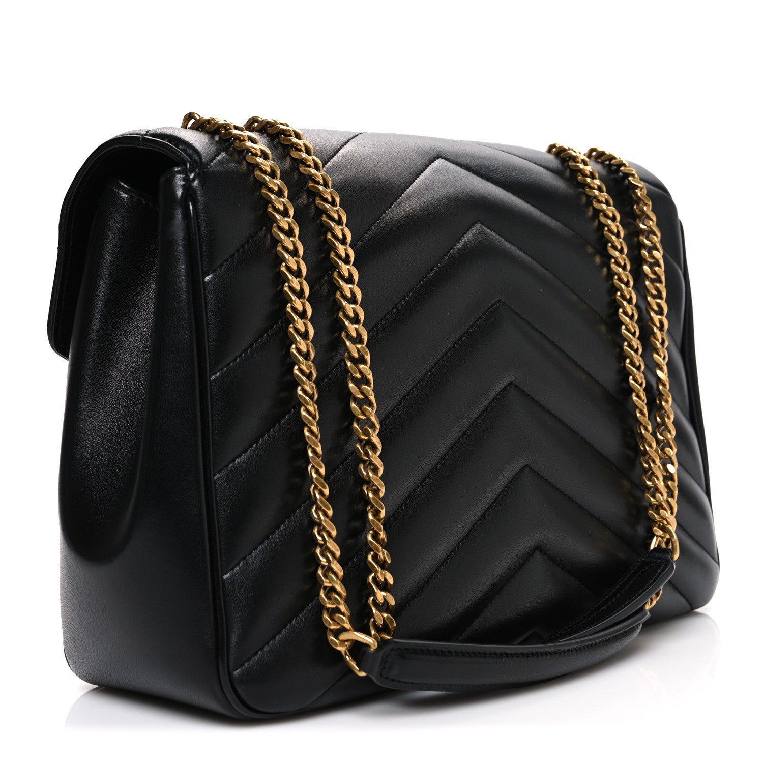 Black chevron-quilted leather shoulder bag with gold chain strap and front flap
