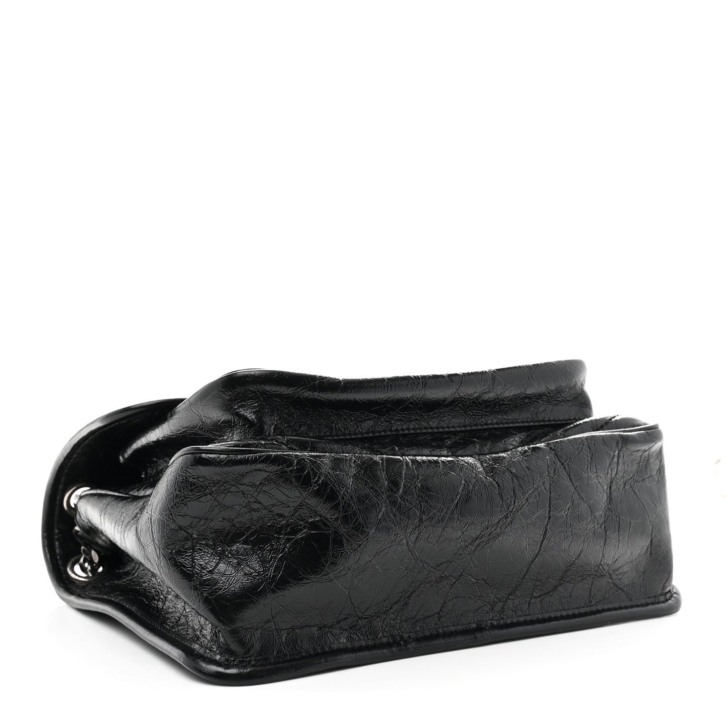 Black medium chain satchel side profile with crinkled calfskin and silver ring
