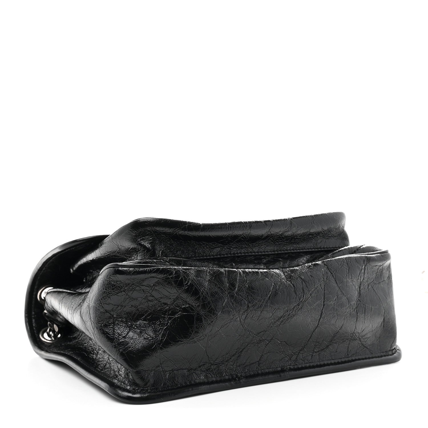 Black medium chain satchel side profile with crinkled calfskin and silver ring