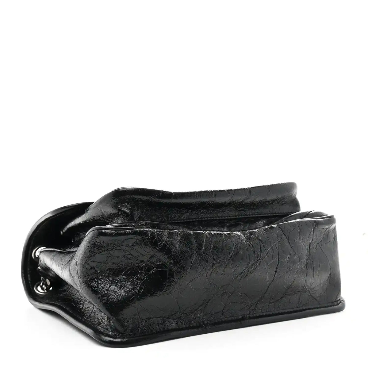 Black medium chain satchel side profile with crinkled calfskin and silver ring