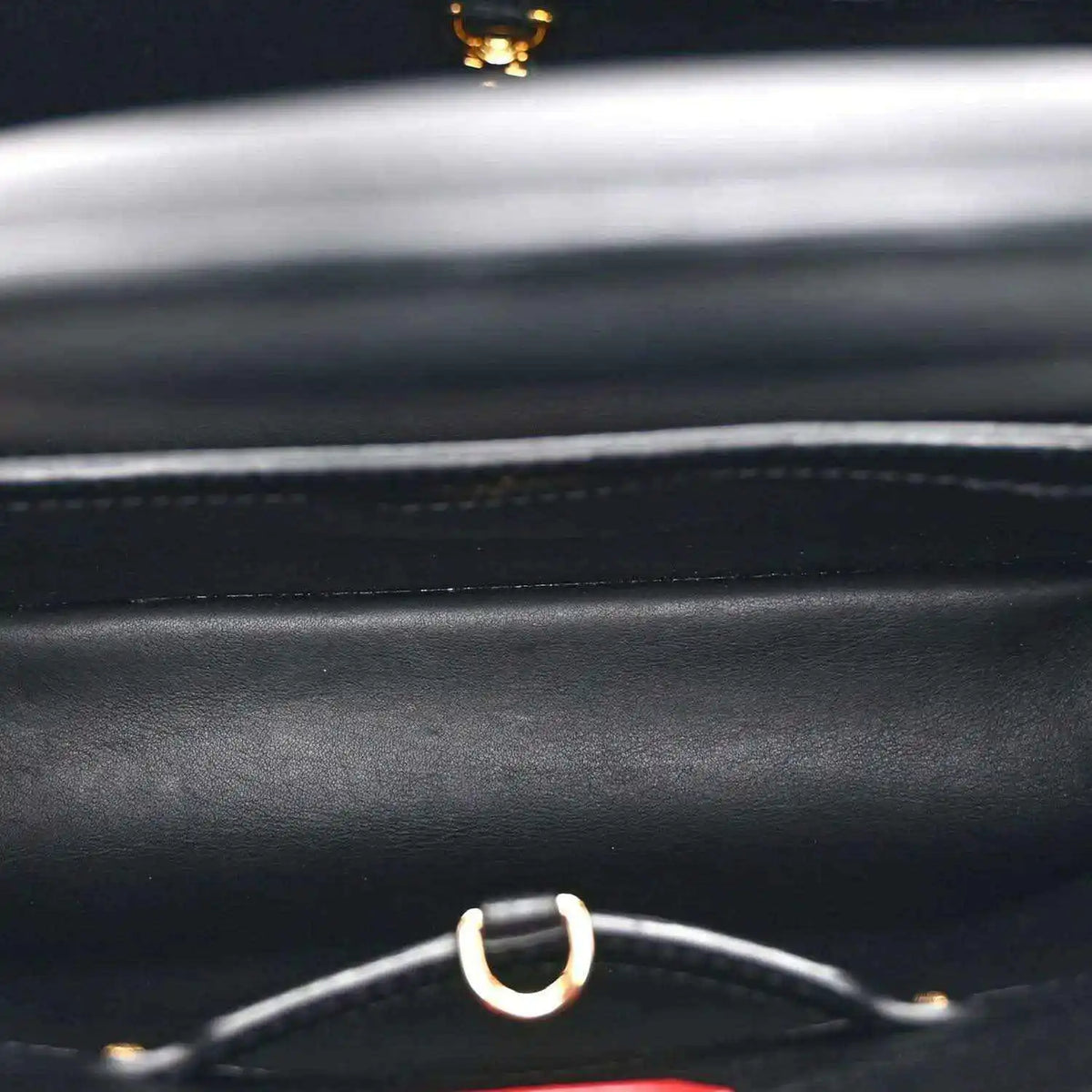 Black handbag leather with silver ring strap hardware and gold accent detail