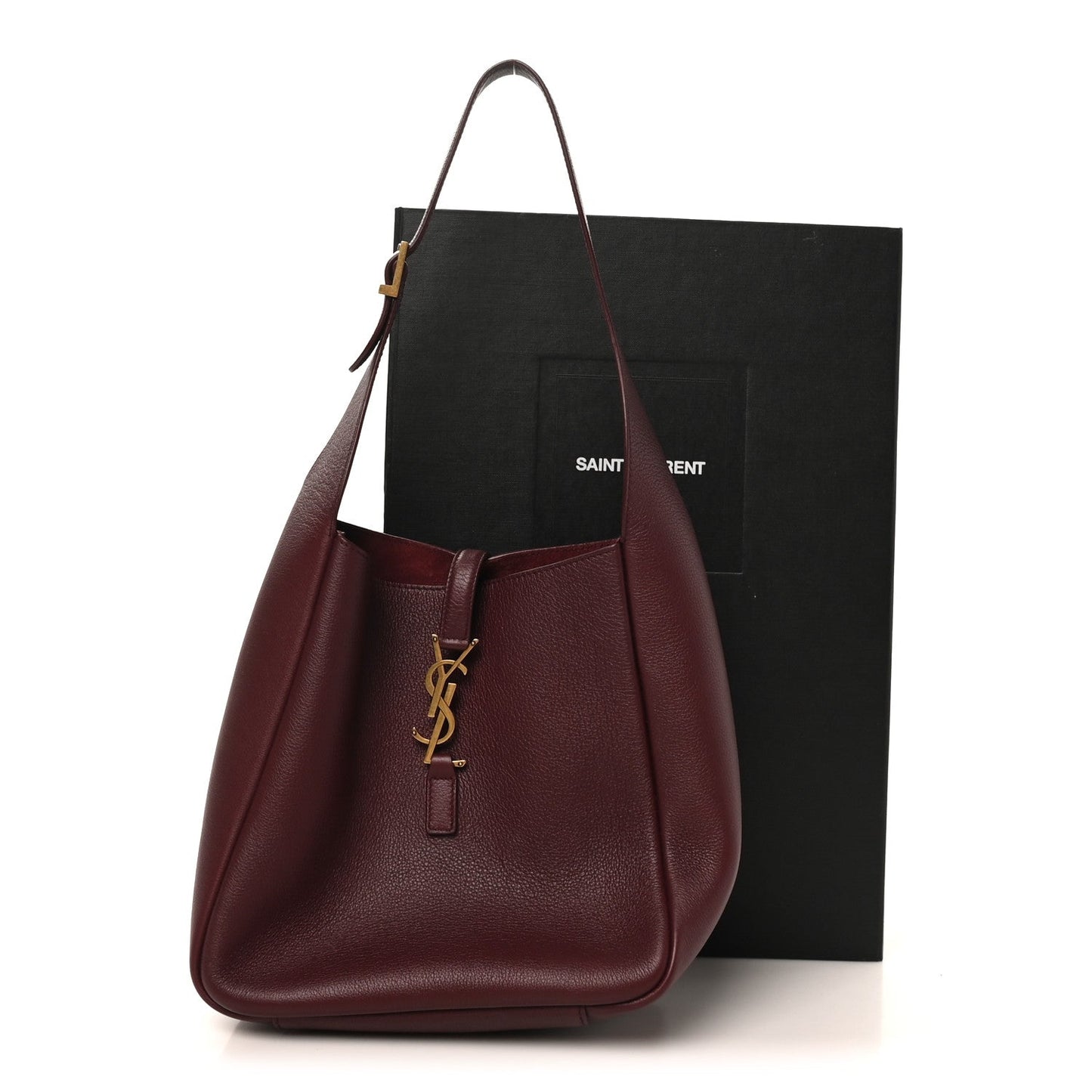 Burgundy leather hobo bag with long handles and gold YSL logo charm