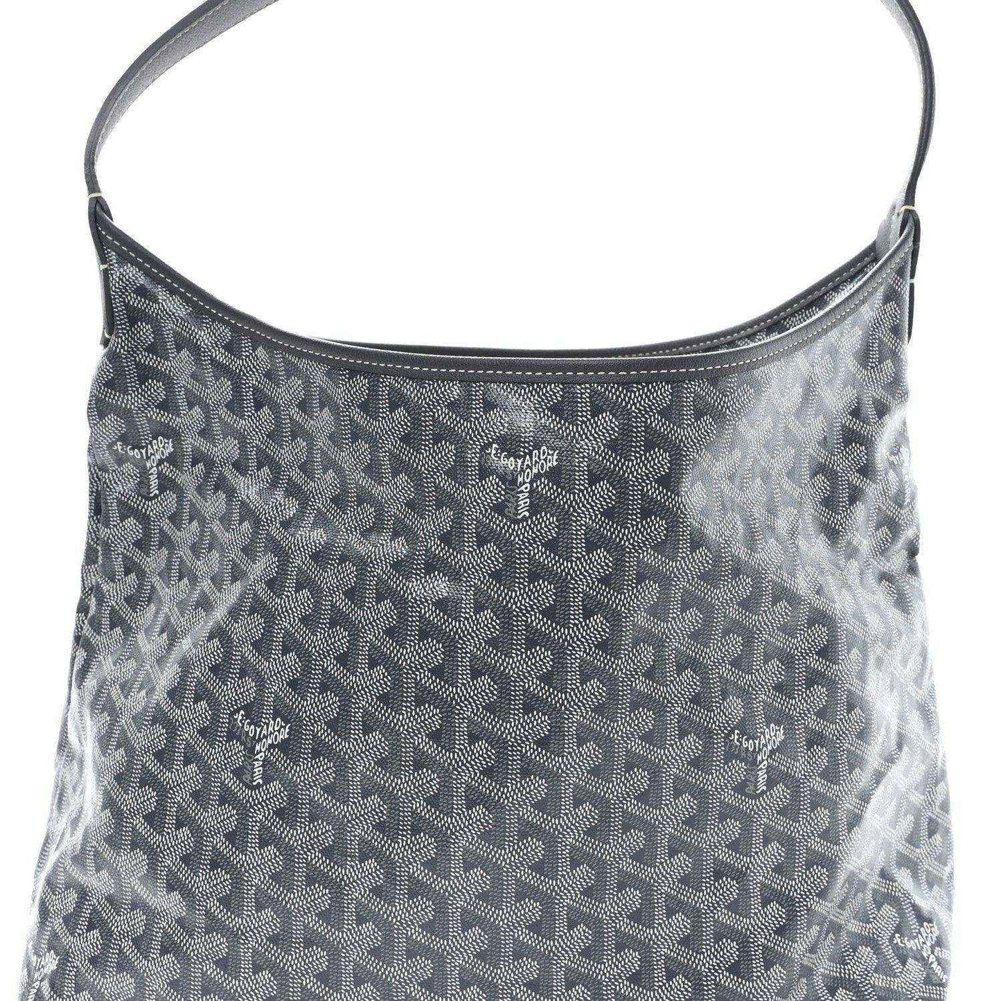 Grey hobo bag with top handle and repeating Goyard logo pattern