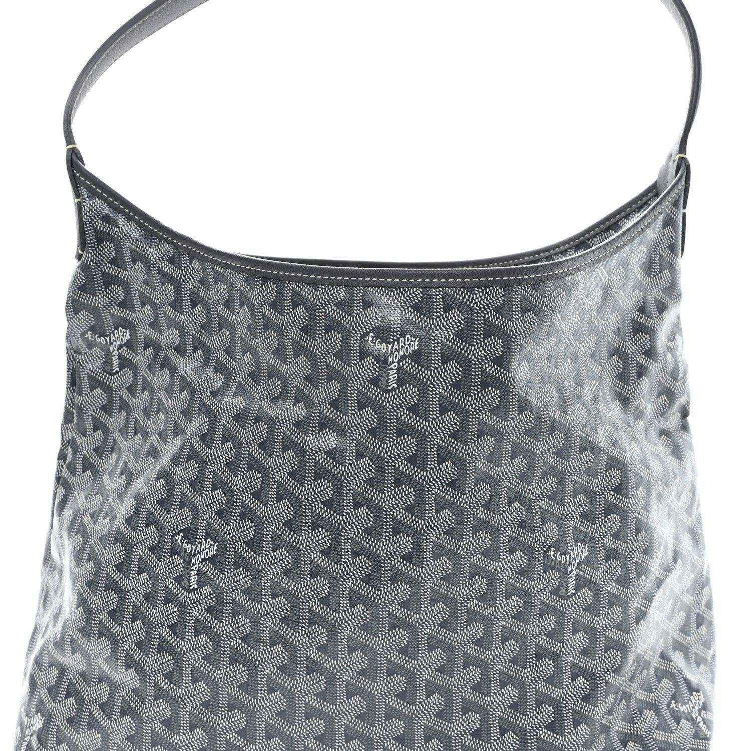 Grey hobo bag with top handle and repeating Goyard logo pattern