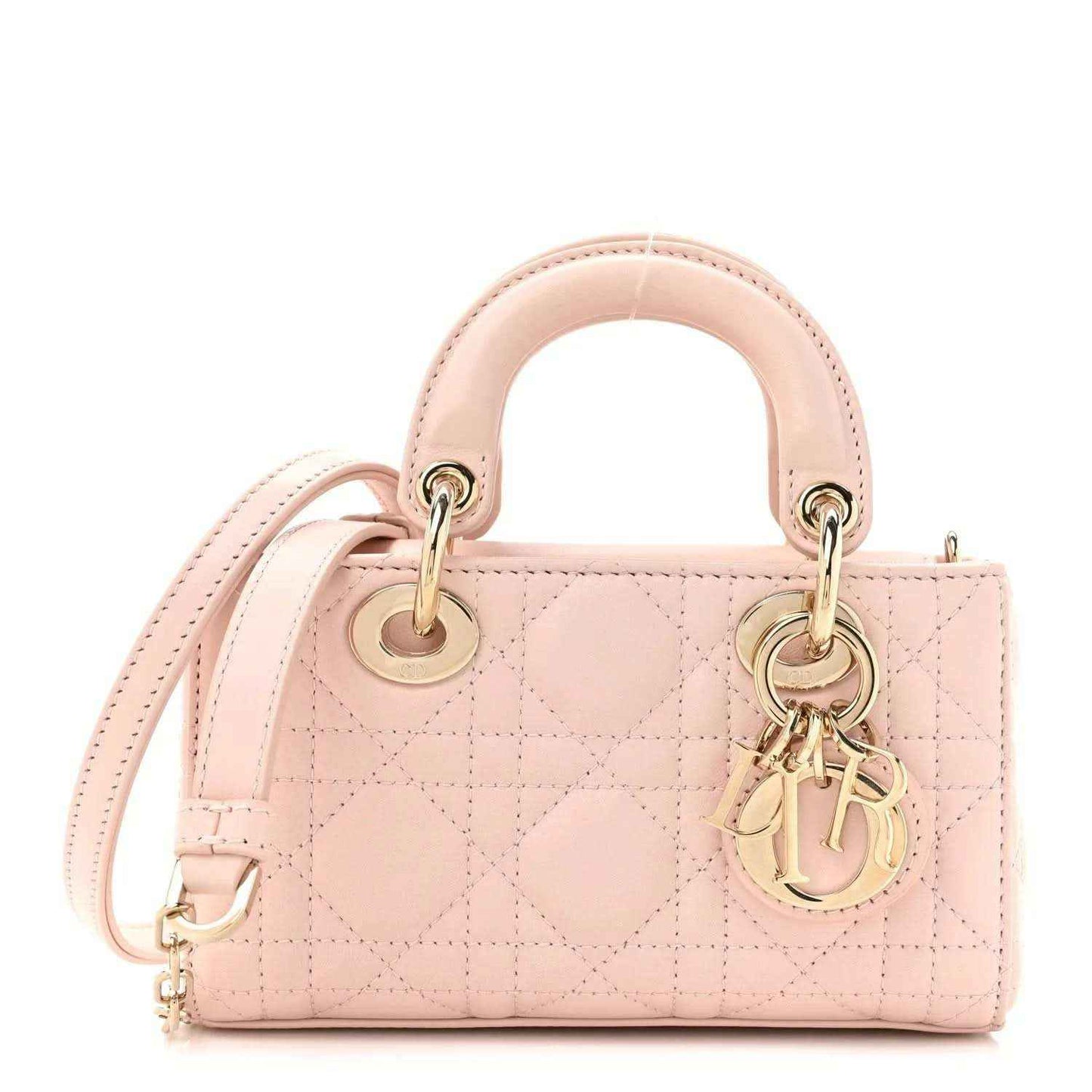 Pink quilted leather mini handbag with top handles, gold hardware, and charm detail
