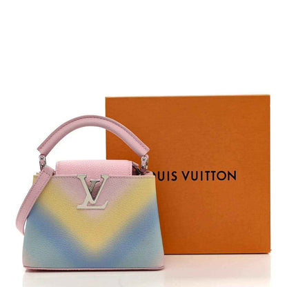 Mini leather handbag with pastel rainbow gradient and pink top handles, Louis Vuitton logo
