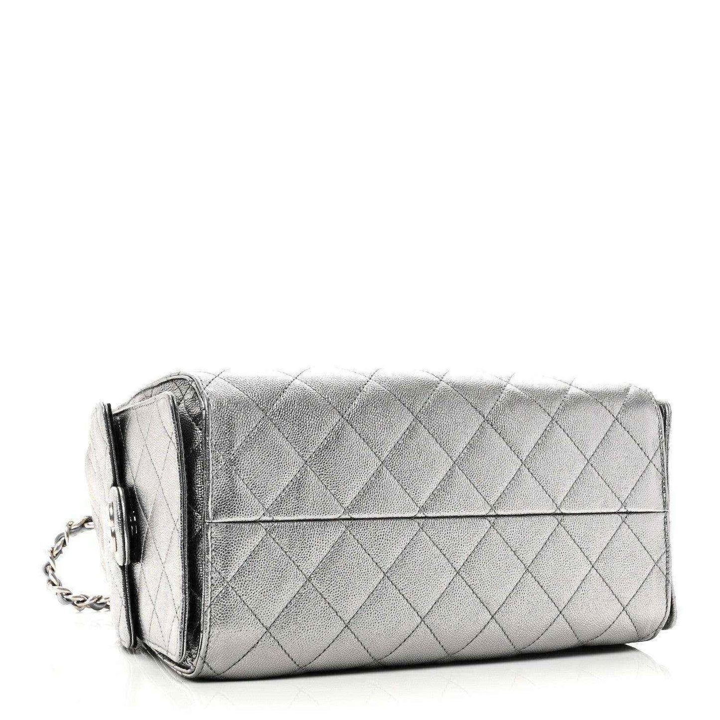 Chanel metallic caviar quilted long handbag with silver chain and flap end