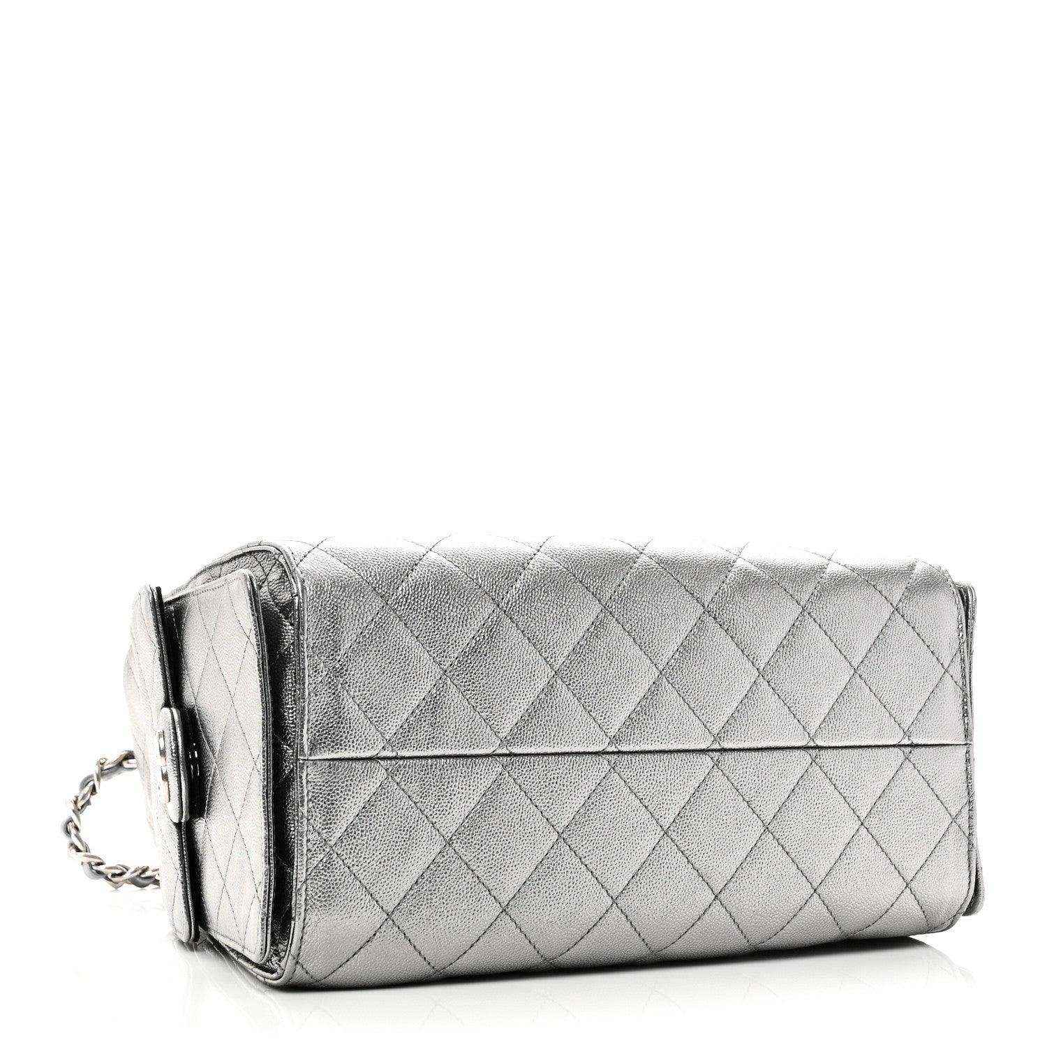 Chanel metallic caviar quilted long handbag with silver chain and flap end