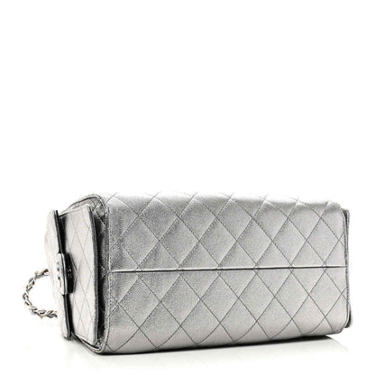Chanel metallic caviar quilted long handbag with silver chain and flap end