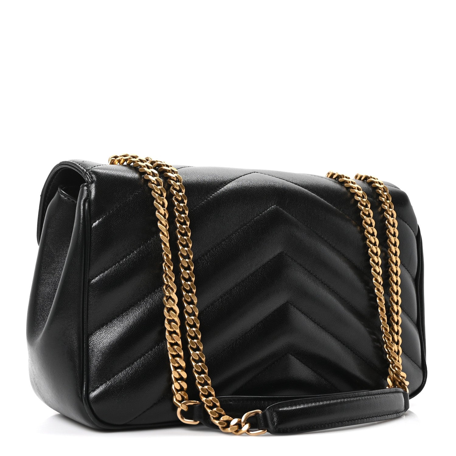 Black chevron quilted medium shoulder bag with gold chain strap
