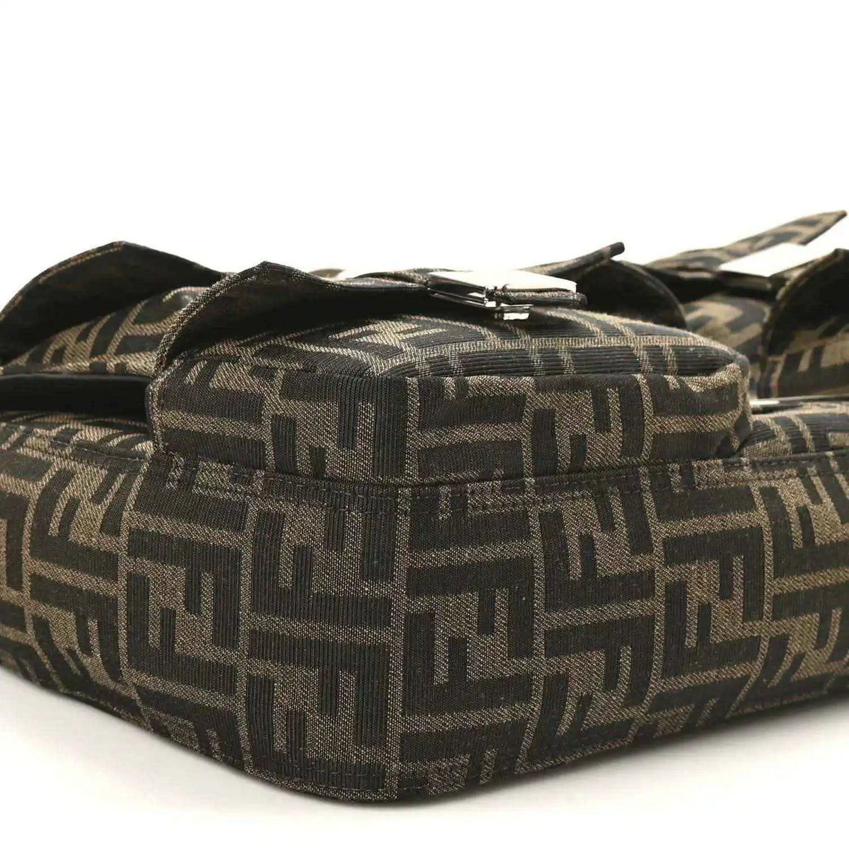 Fendi Zucca canvas baguette bag base with protective feet, dark brown FF print.