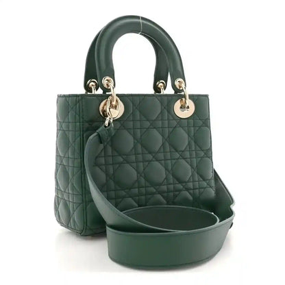 Green quilted lambskin Lady Dior bag with top handles and crossbody strap