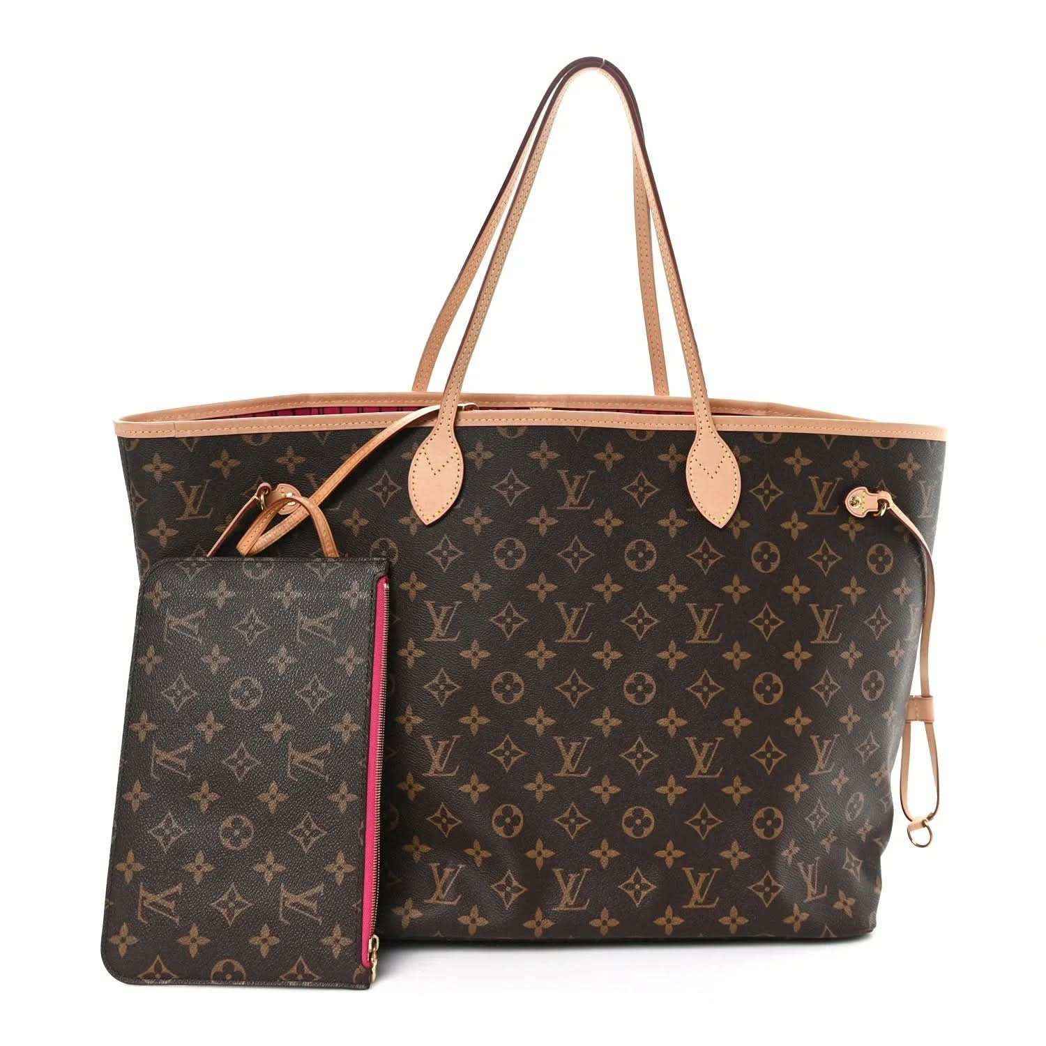 Monogram tote bag with pink zipper pouch and matching leather straps