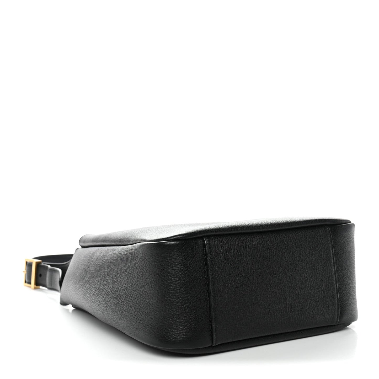 Black calfskin hobo bag with crossbody strap attachment and gold-tone buckle.