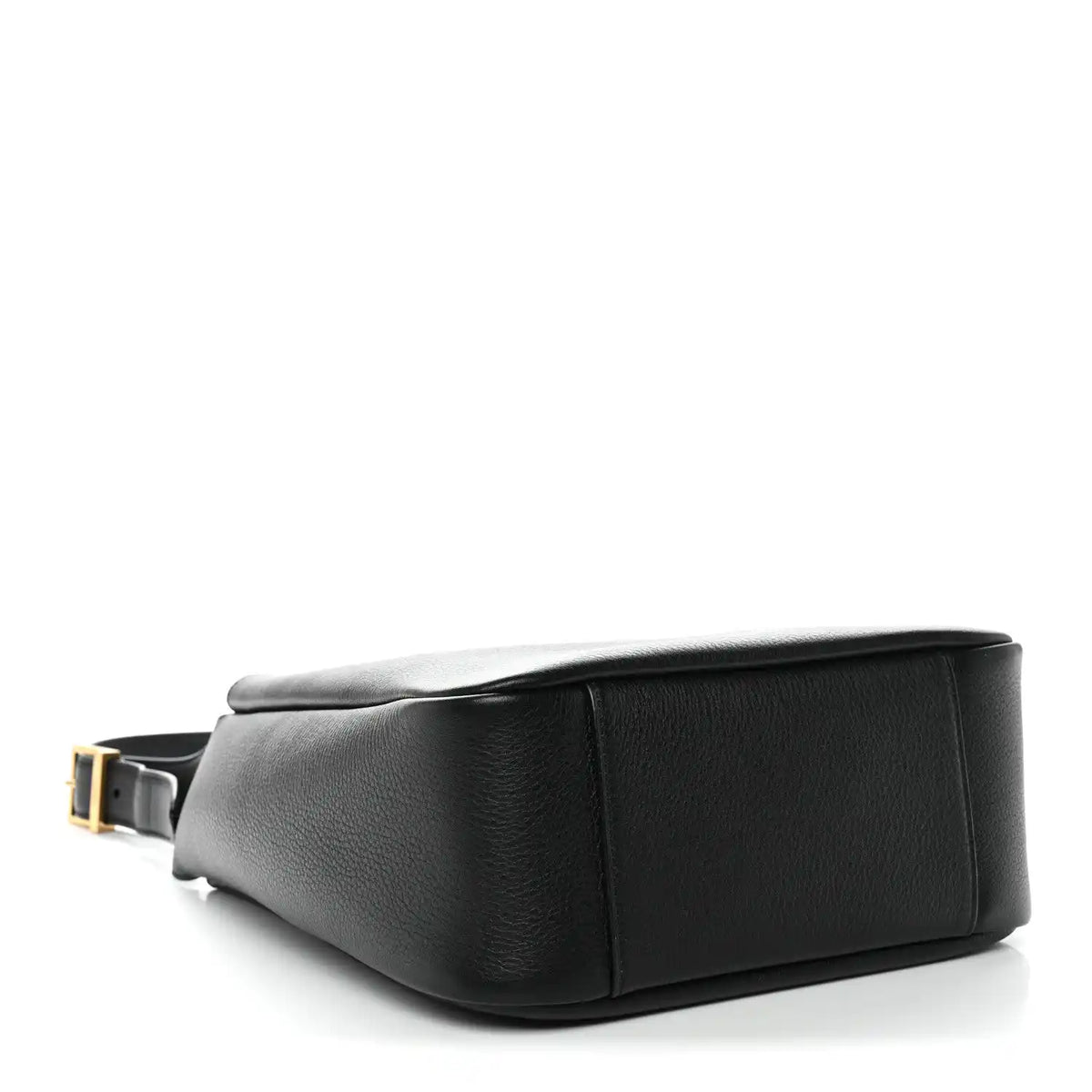 Black calfskin hobo bag with crossbody strap attachment and gold-tone buckle.
