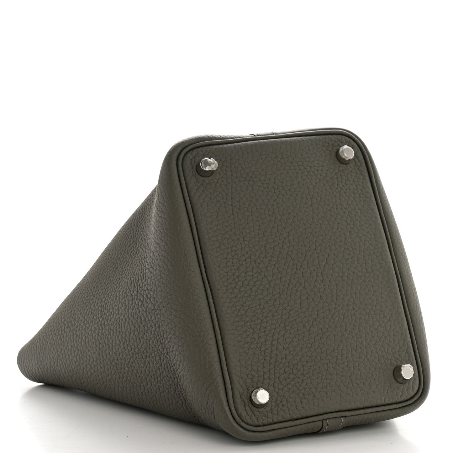 Structured leather bucket bag angled view with silver-toned corner buttons, dark green