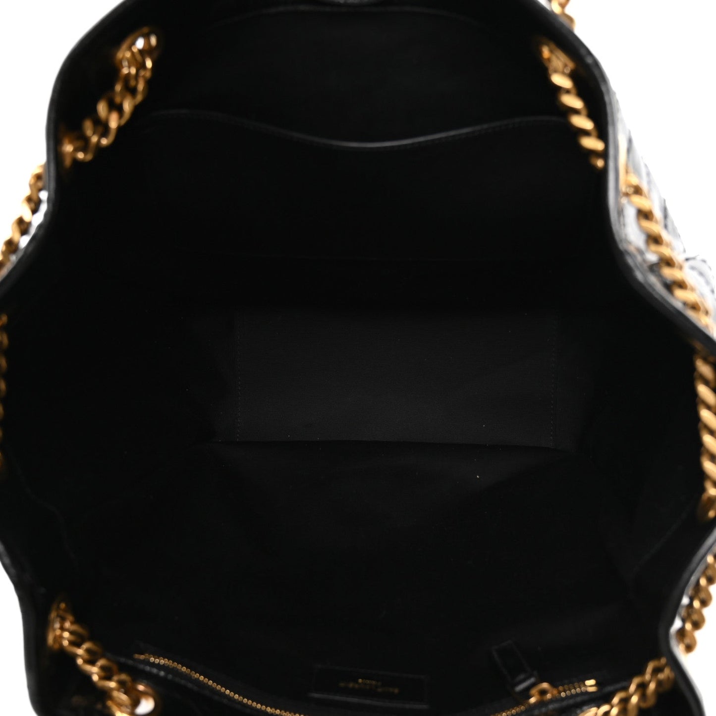 Black fabric-lined tote interior with gold zipper track and chain edge