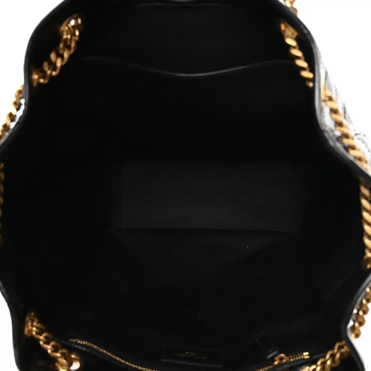Black fabric-lined tote interior with gold zipper track and chain edge
