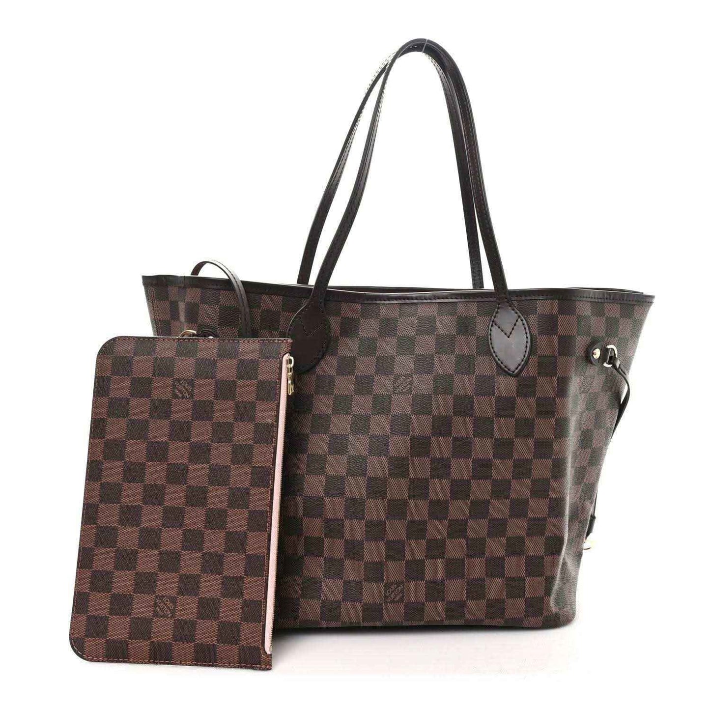 Damier Ebene tote with detachable pouch, brown checkered canvas, and top handles