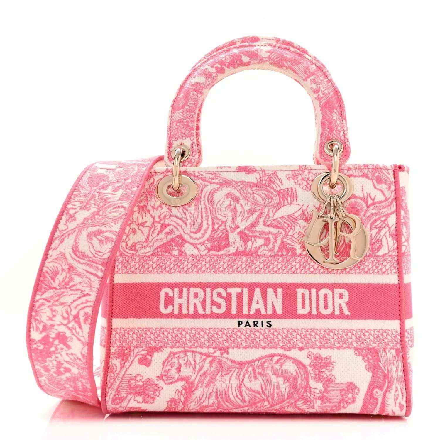 Medium pink embroidered tote bag with top handles and gold-tone hardware