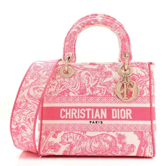 Medium pink embroidered tote bag with top handles and gold-tone hardware