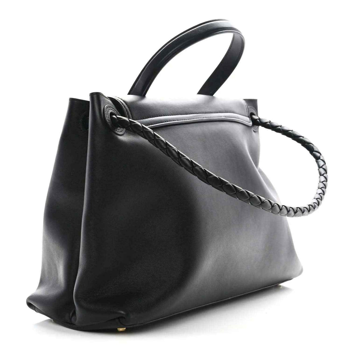 Black leather medium shoulder bag with braided strap and side view of the open top.