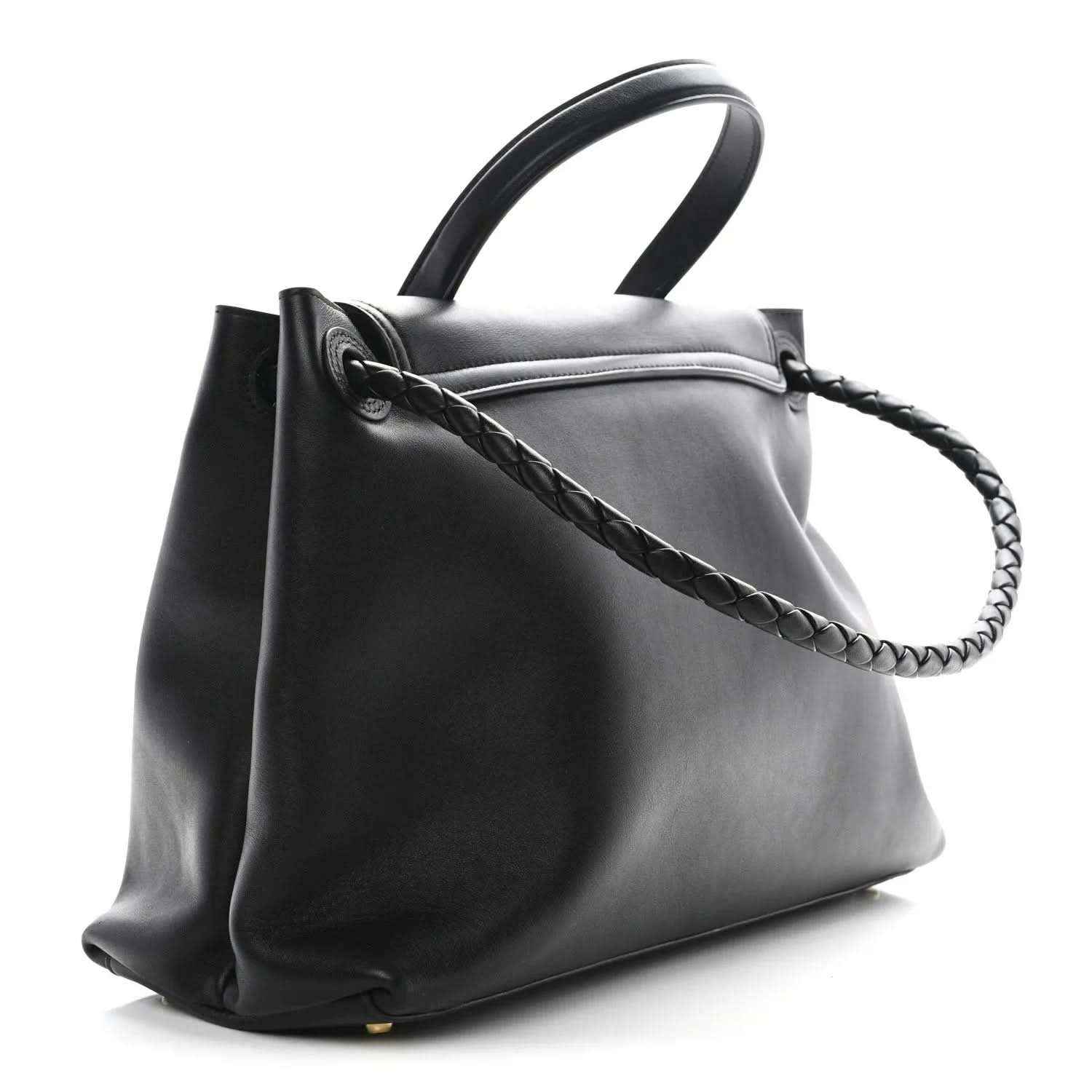 Black leather medium shoulder bag with braided strap and side view of the open top.