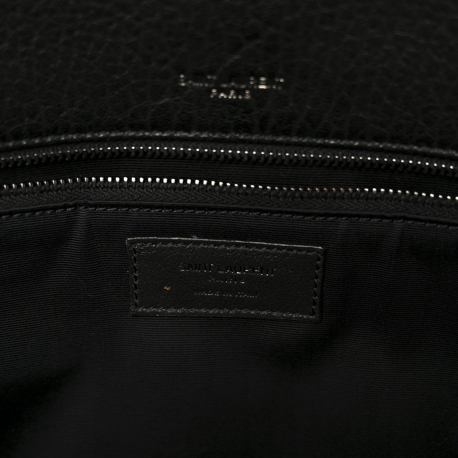 Black leather satchel interior logo label with dual zipper track