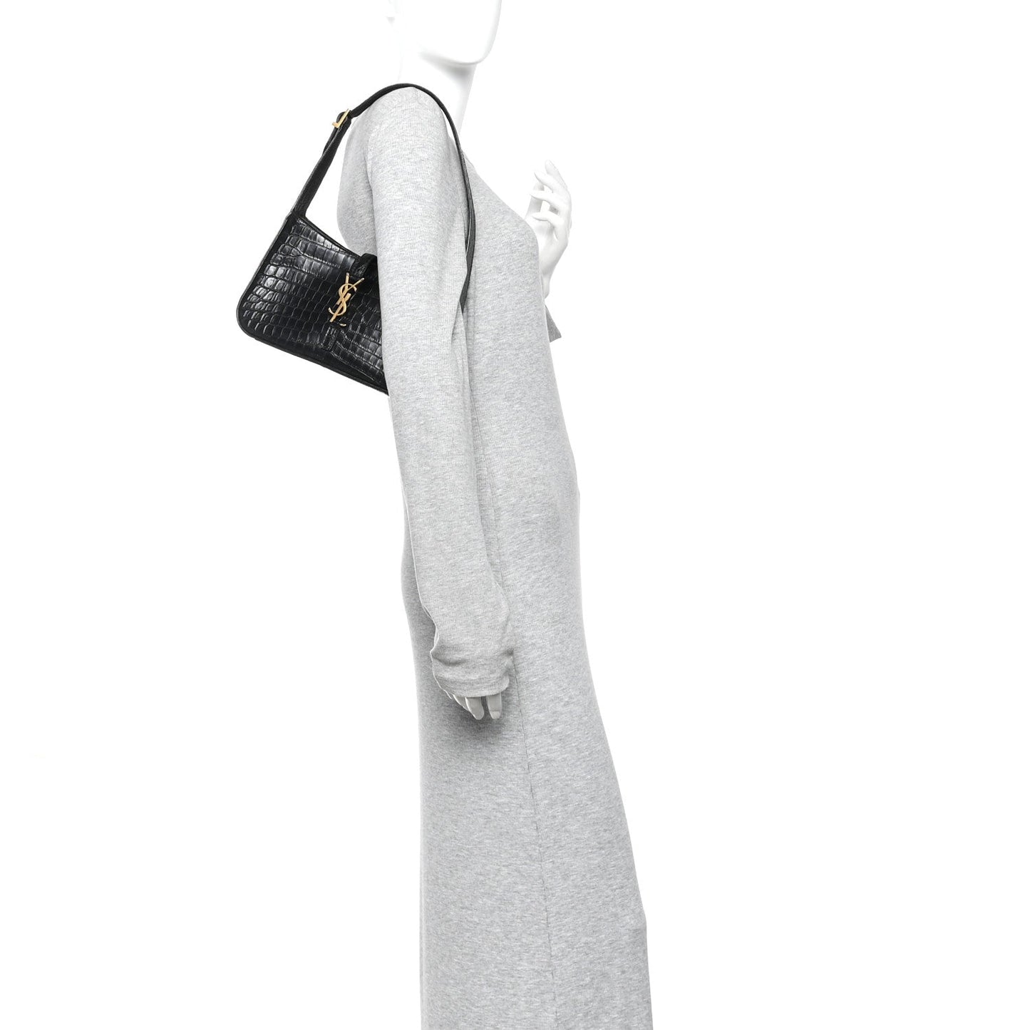 Black crocodile-embossed hobo bag worn on a mannequin, front view.