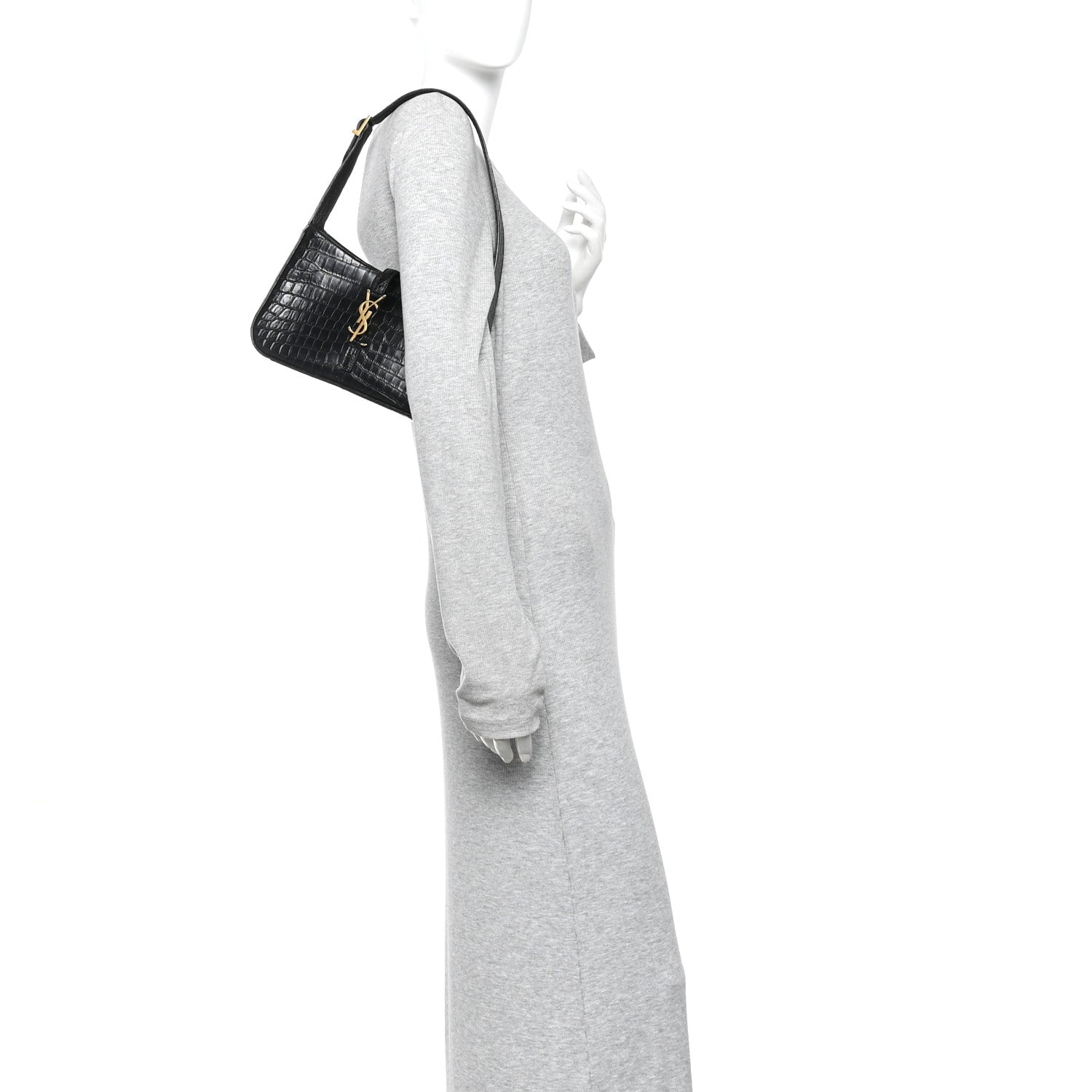 Black crocodile-embossed hobo bag worn on a mannequin, front view.