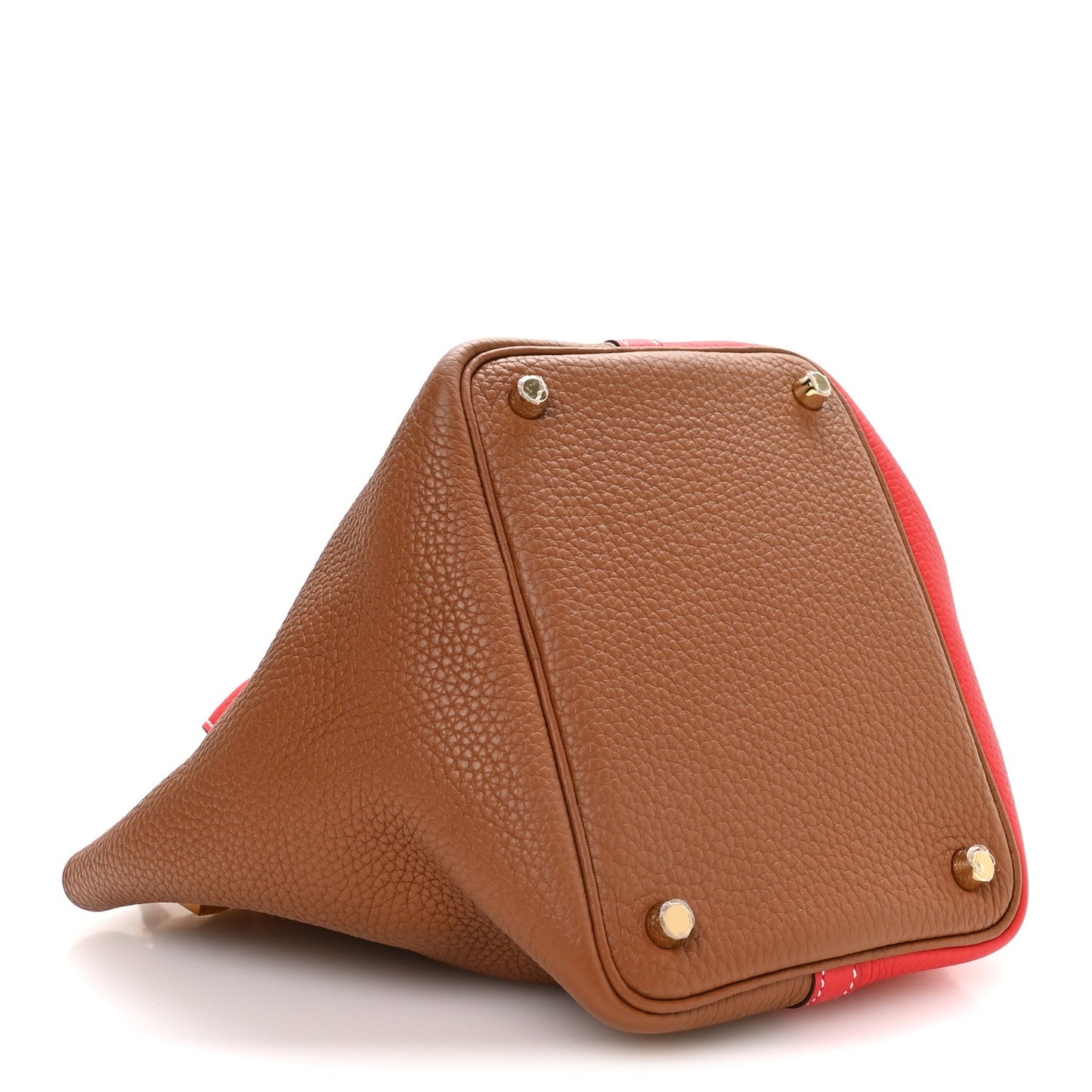 Two-tone leather tote bag, brown side panel with triangular fold detail and gold rivets