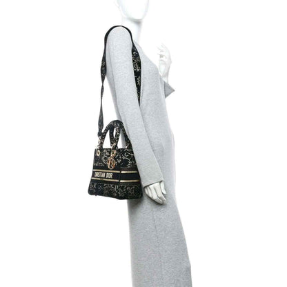 Black embroidered handbag with gold trim, worn by a model in side profile
