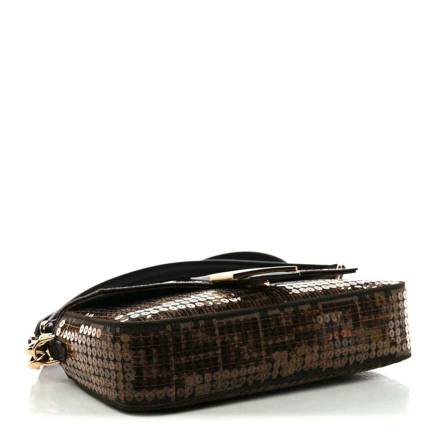 Fendi baguette bag side view in brown sequin jacquard with black leather trim