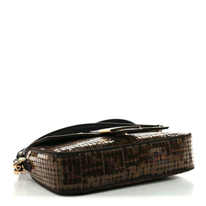 Fendi baguette bag side view in brown sequin jacquard with black leather trim