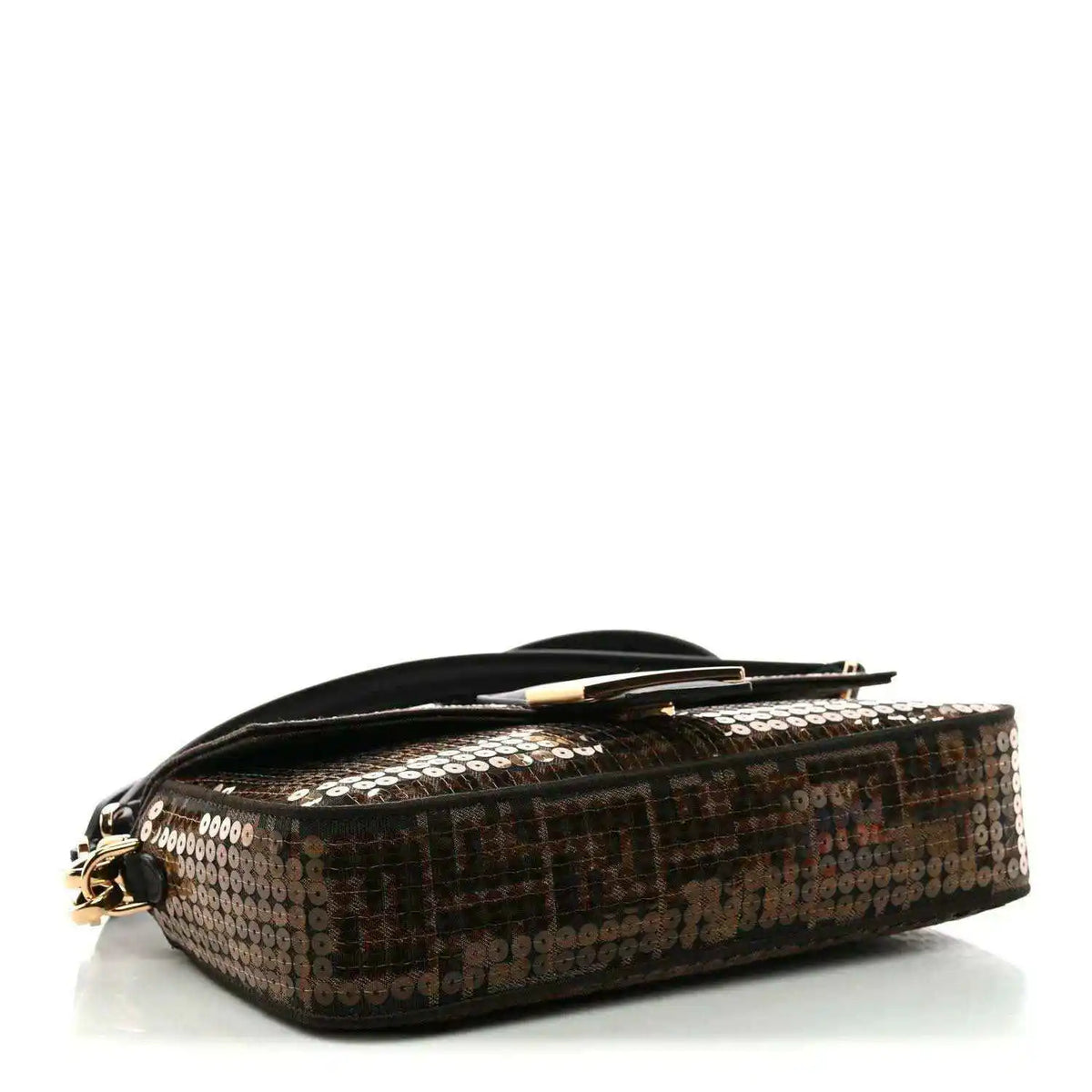 Fendi baguette bag side view in brown sequin jacquard with black leather trim