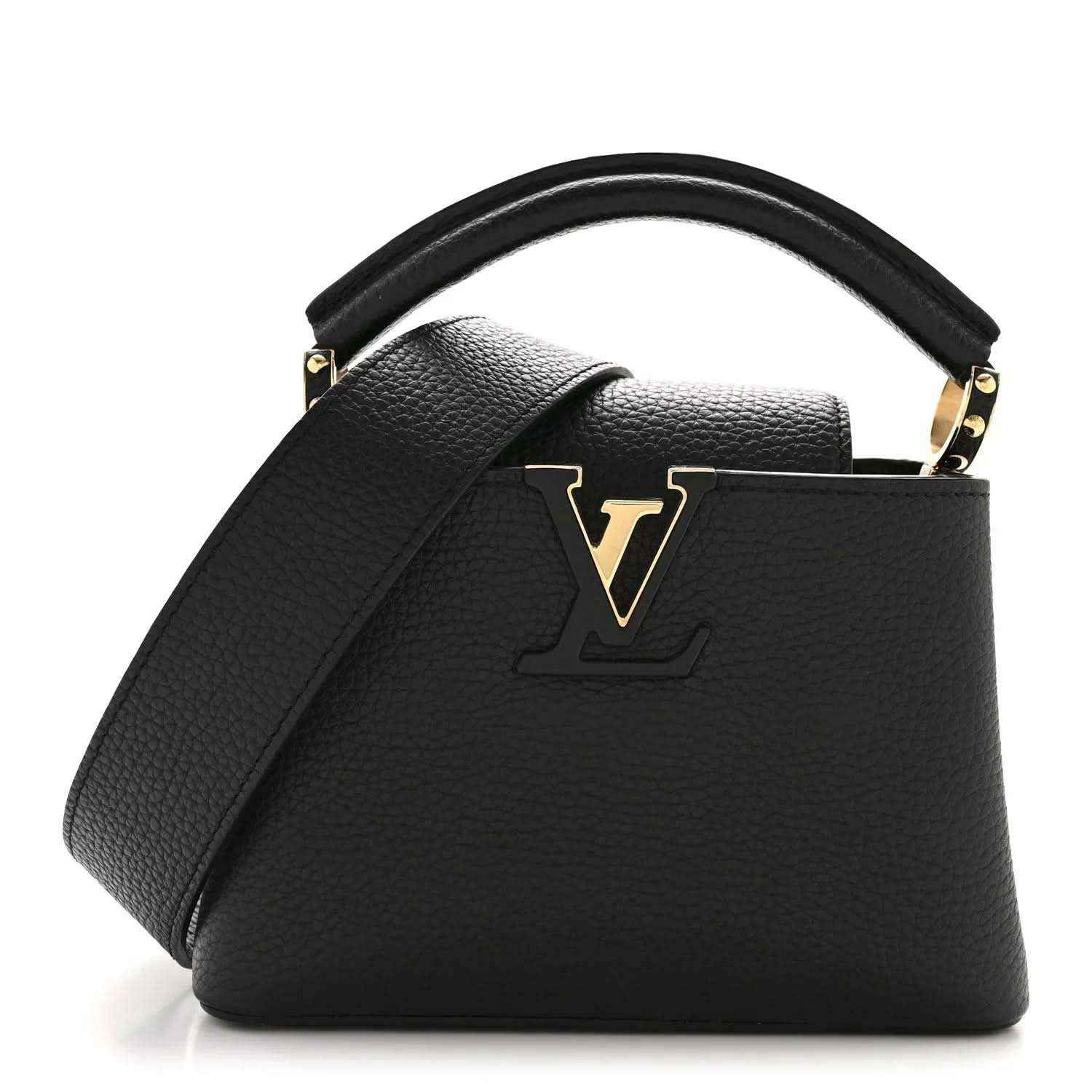 Black textured leather mini Capucines bag with gold-tone top handle hardware and LV front emblem
