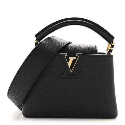 Black textured leather mini Capucines bag with gold-tone top handle hardware and LV front emblem