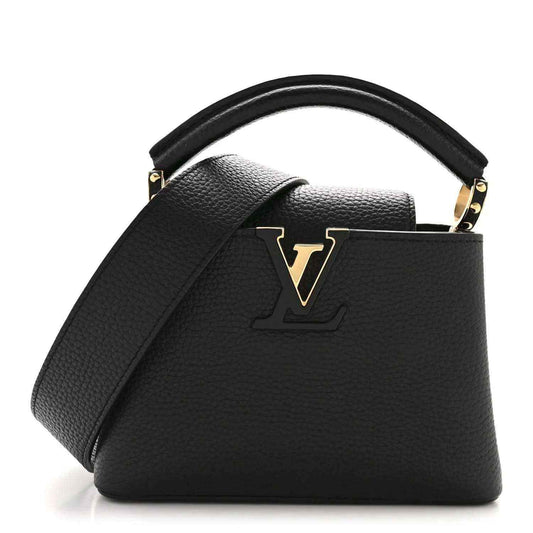 Black textured leather mini Capucines bag with gold-tone top handle hardware and LV front emblem