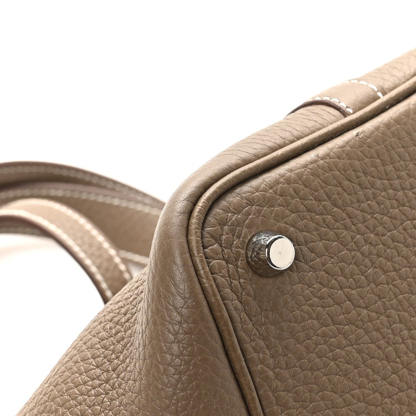 Taupe leather tote bag corner with round snap stud