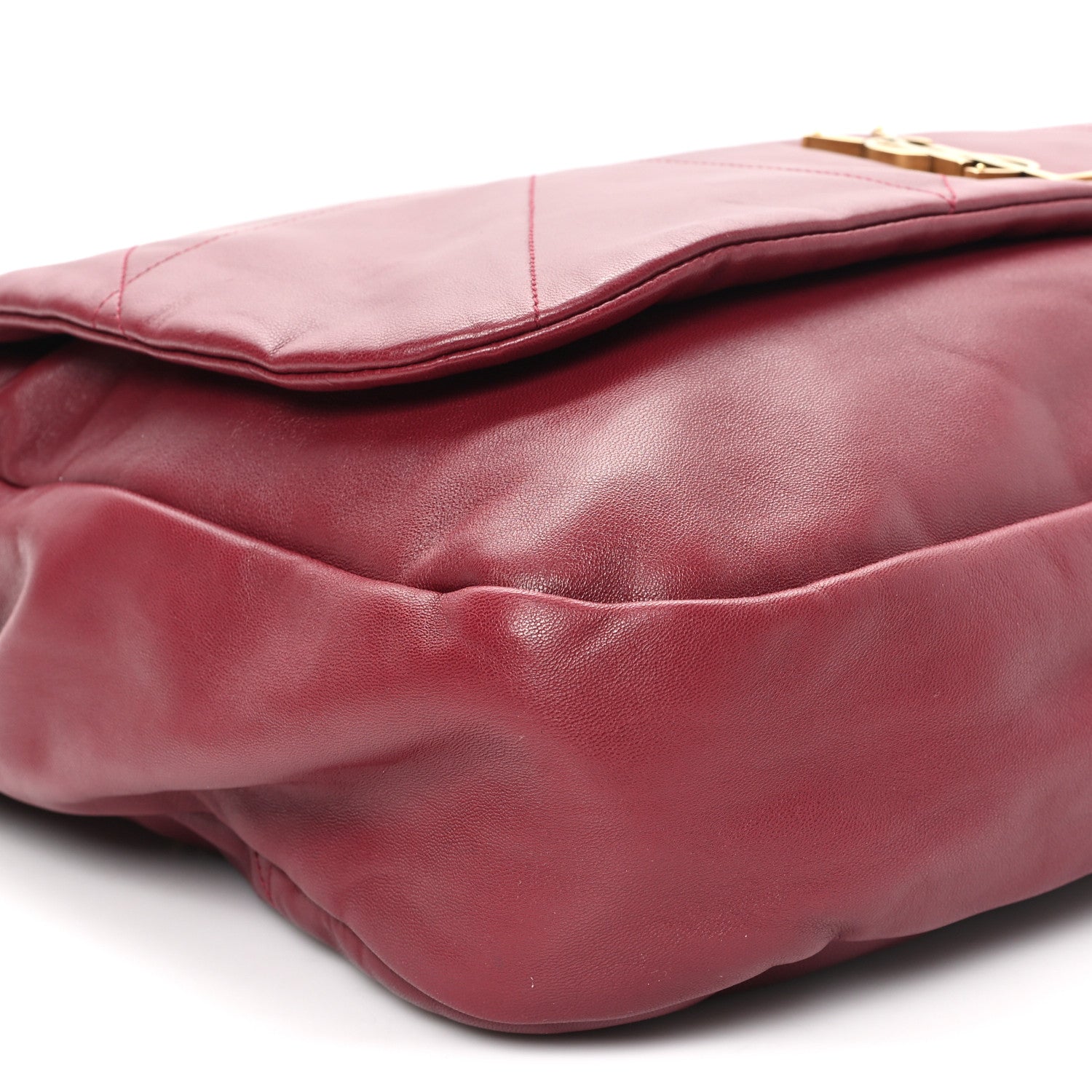 Dark bordeaux lambskin shoulder bag corner with quilted stitching and flap edge