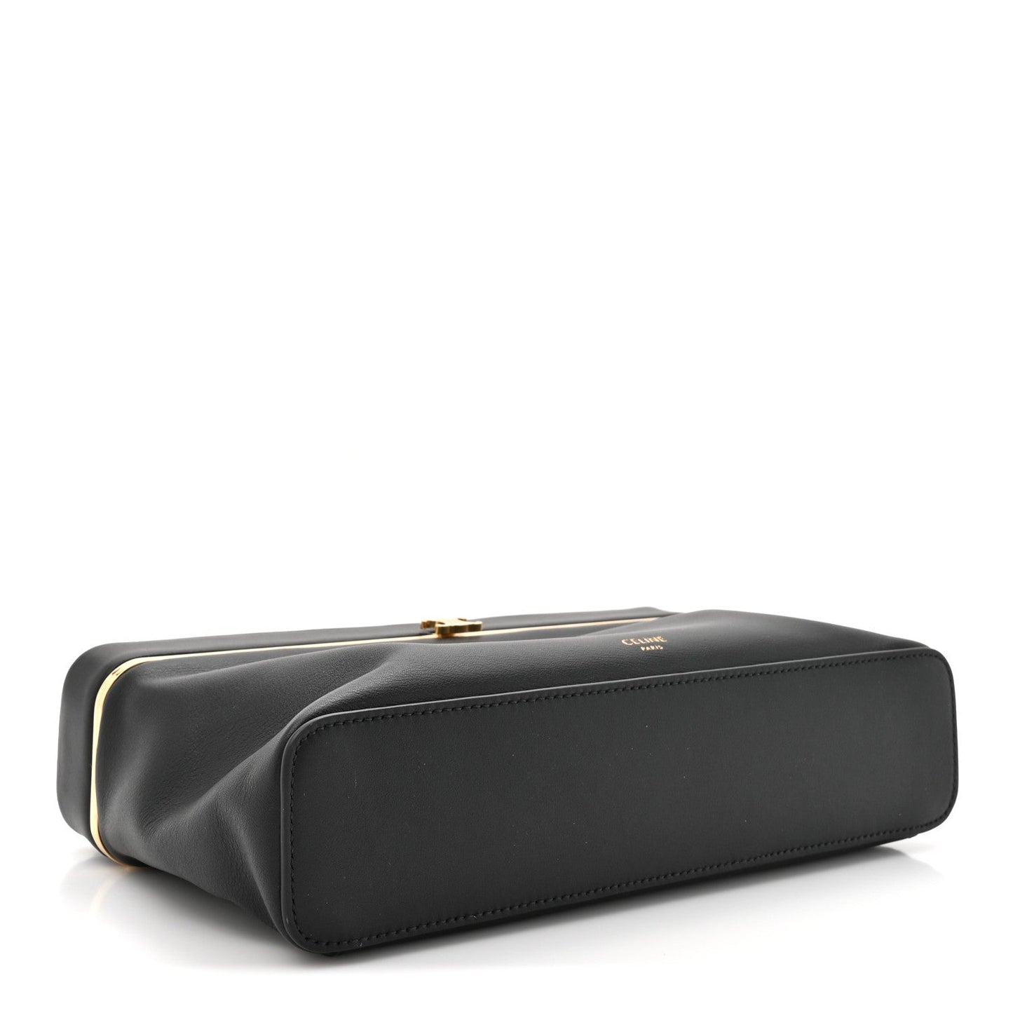 Black leather rectangle bag side view with gold-tone top clasp hardware