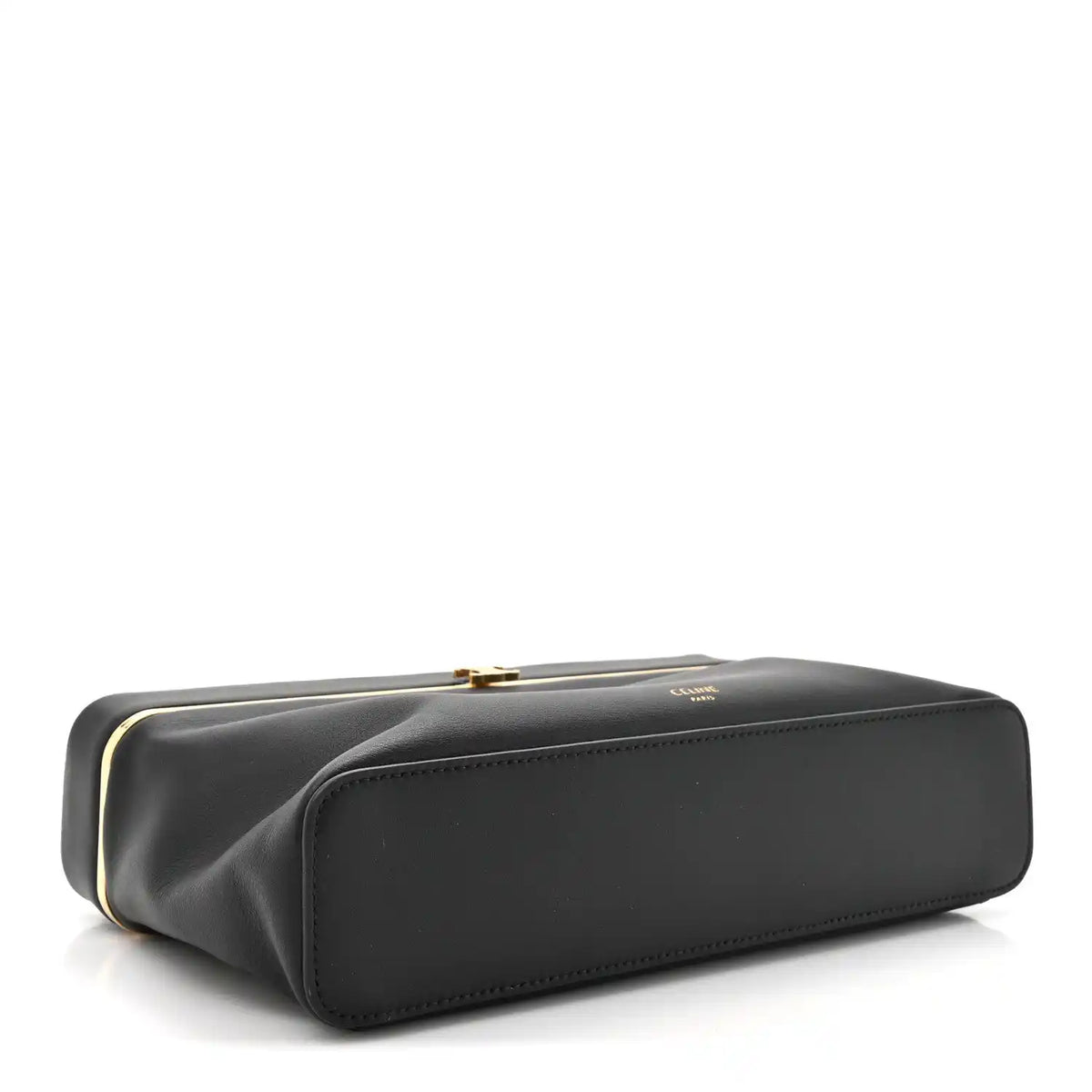 Black leather rectangle bag side view with gold-tone top clasp hardware