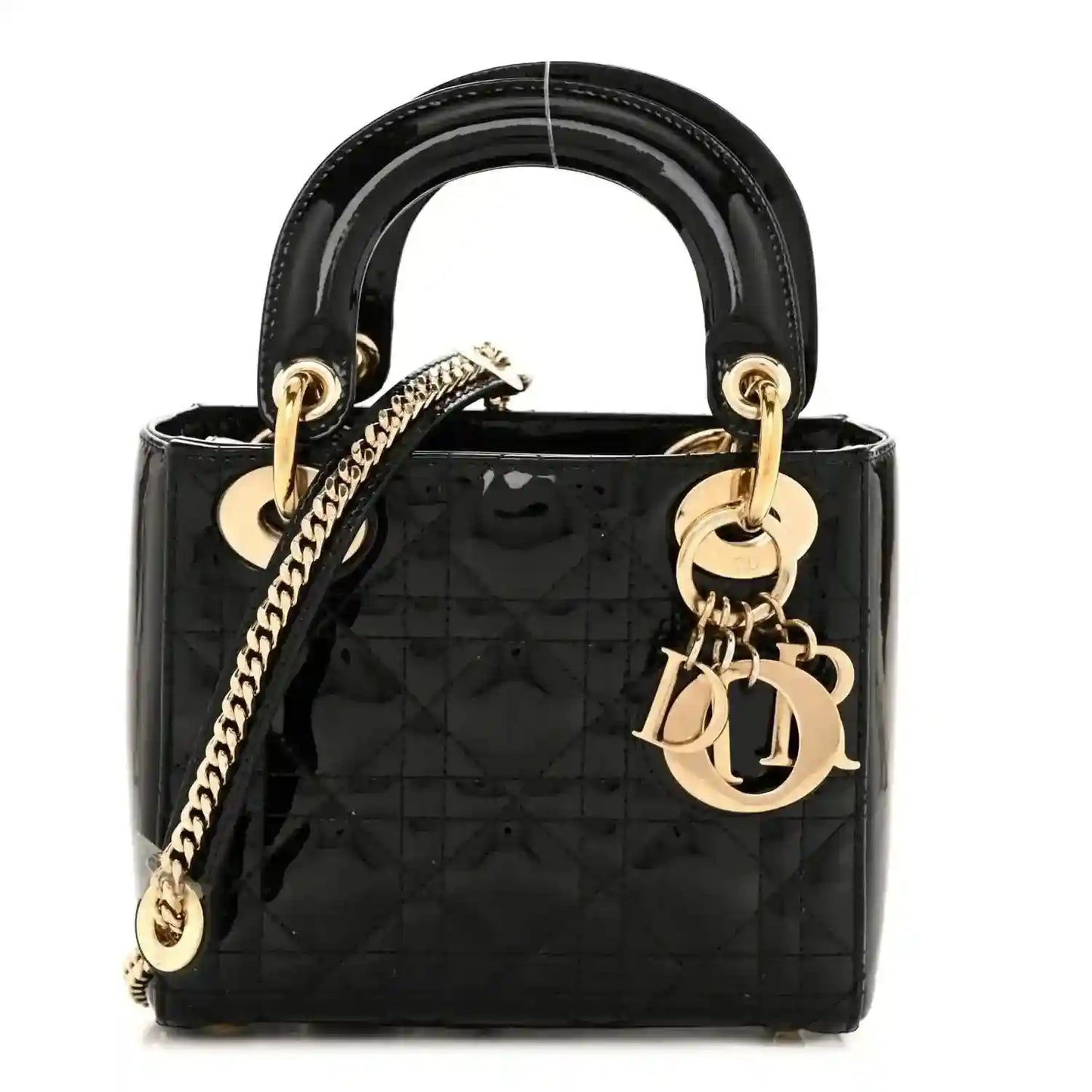 Black patent mini Lady Dior handbag with top handles, chain strap, and gold hardware