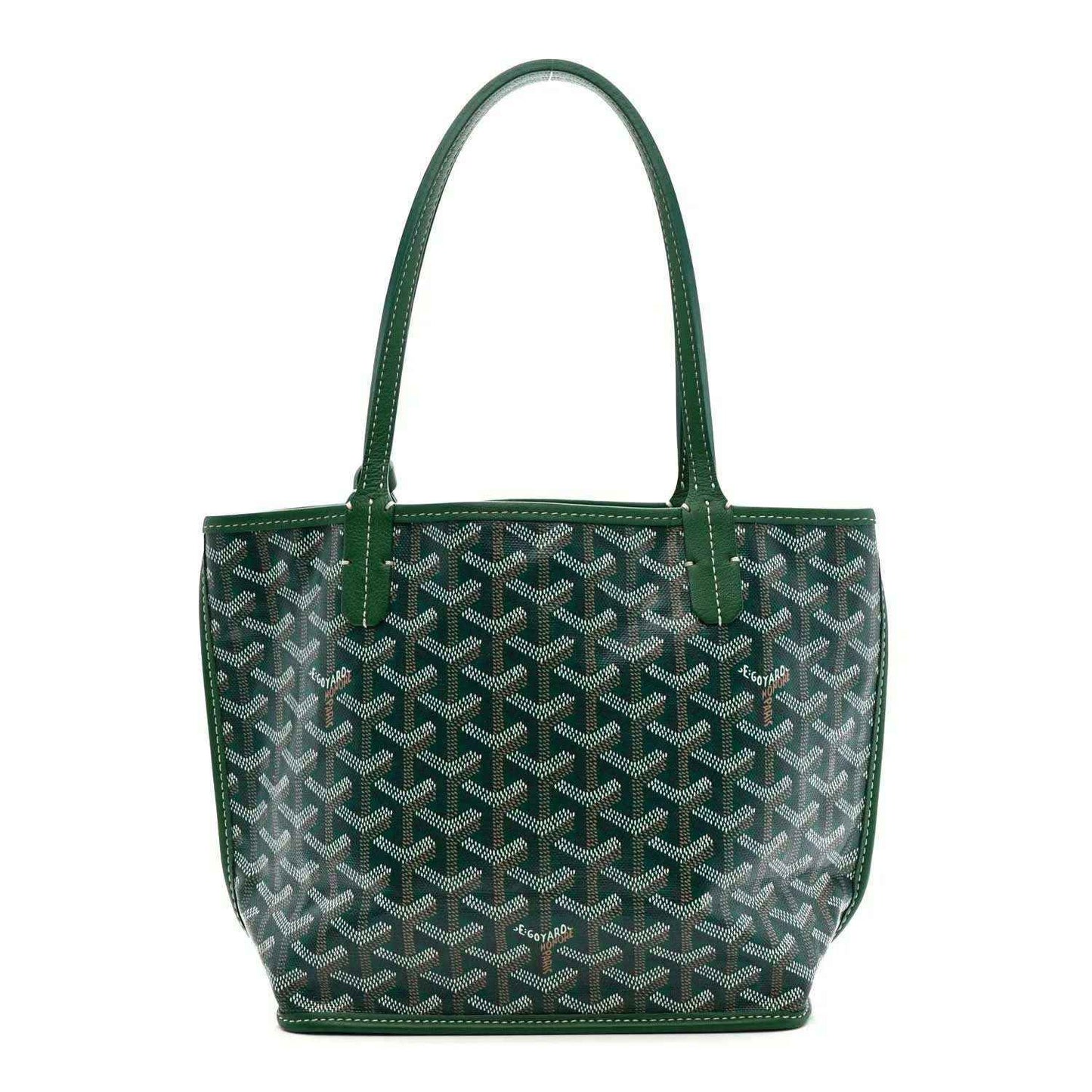 Green reversible mini tote bag with Goyardine-style pattern and top handles