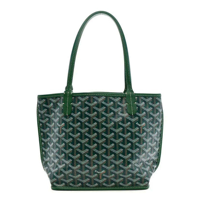 Green reversible mini tote bag with Goyardine-style pattern and top handles