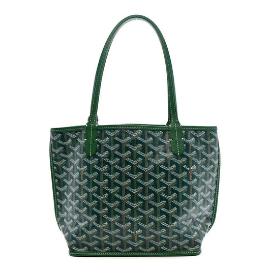 Green reversible mini tote bag with Goyardine-style pattern and top handles