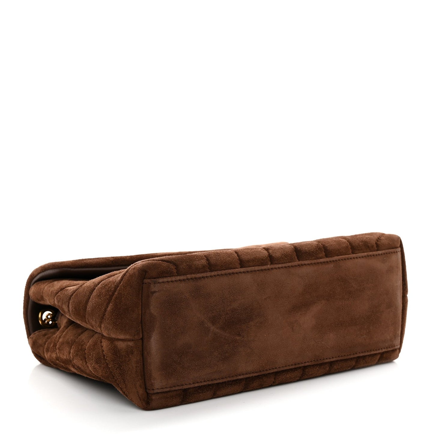 Small quilted suede satchel with structured flap, gold hardware, brown